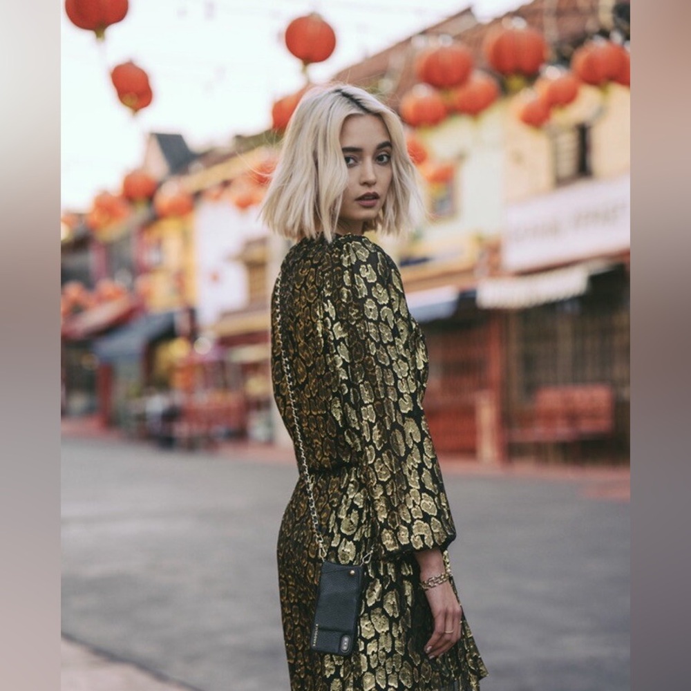 A.L.C. X Barney’s NYC Samantha Silk A-line Midi‎ Dress Animal Print Metallic